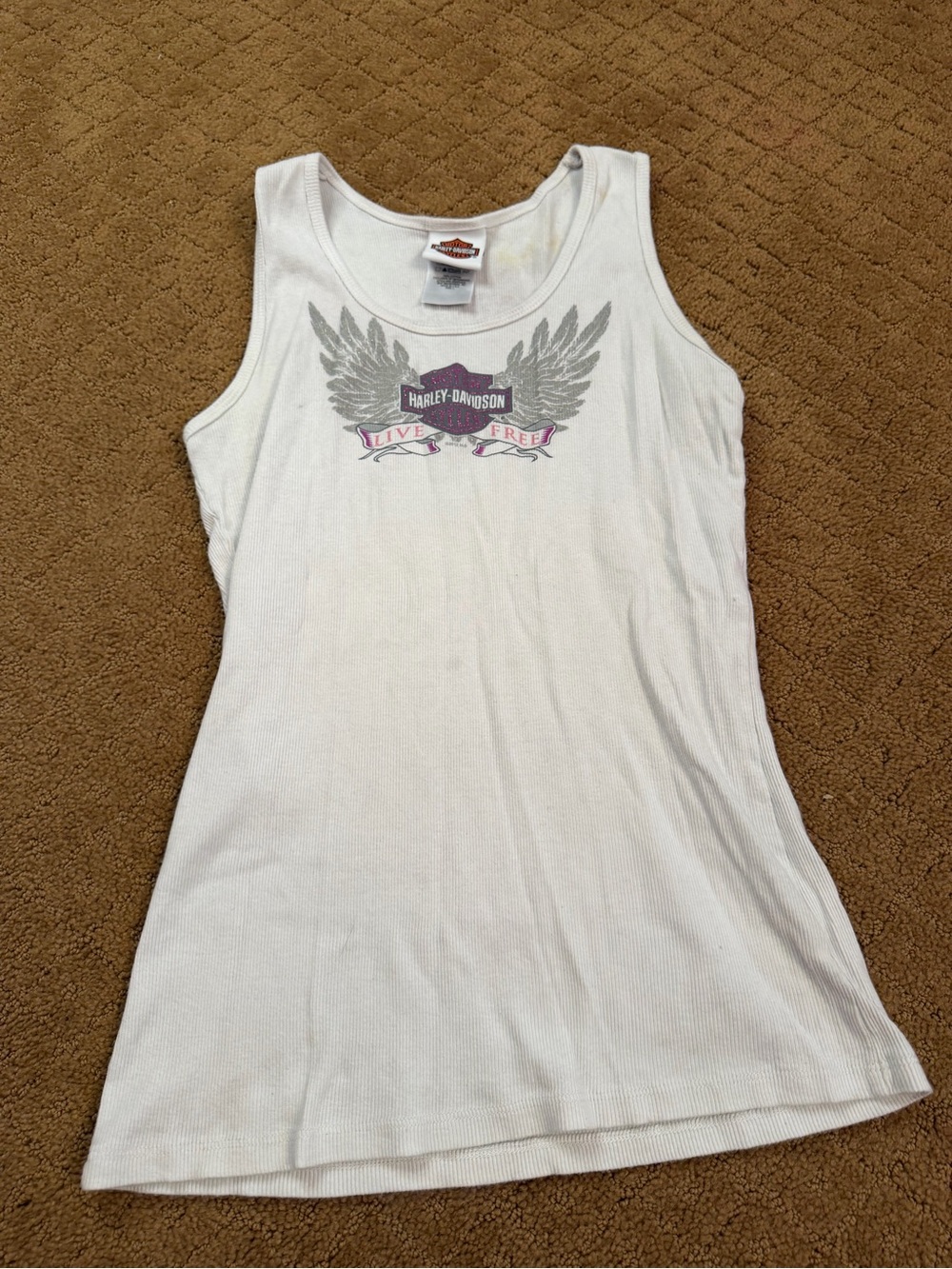 Harley Davidson White Ribbed Live Free Graphic Tank Women’s L